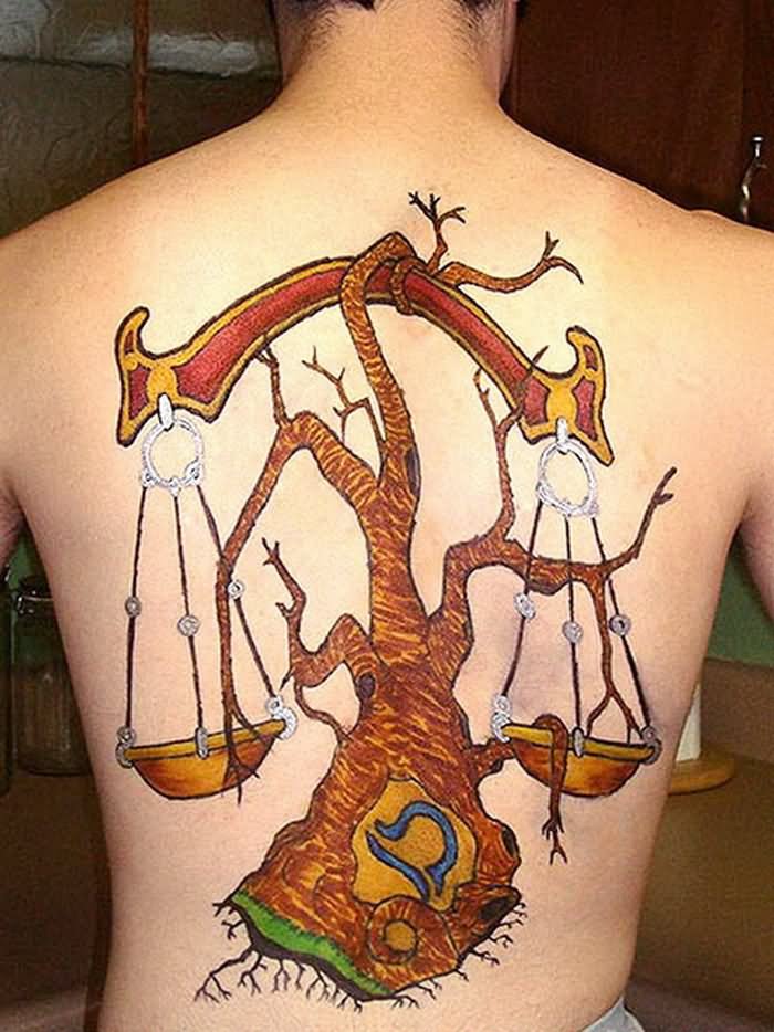 Libra Tree Zodiac Scale Tattoo On Back Body