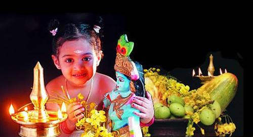 Little Girl With Baal Krishna Wishing You Happy Vishu