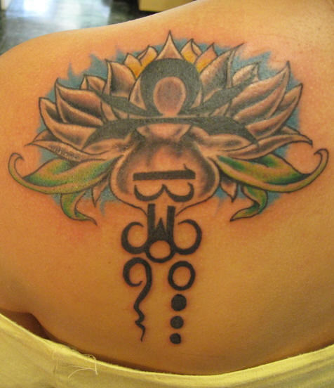Lotus Flower And Zodiac Libra Tattoo On Left Back Shoulder