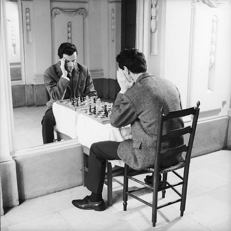 Man Playing Chess Funny Black And White Illusion Photo