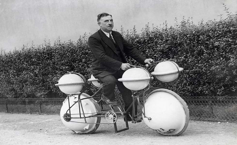 Man Riding Amphibious Bicycle Funny Black And White Picture