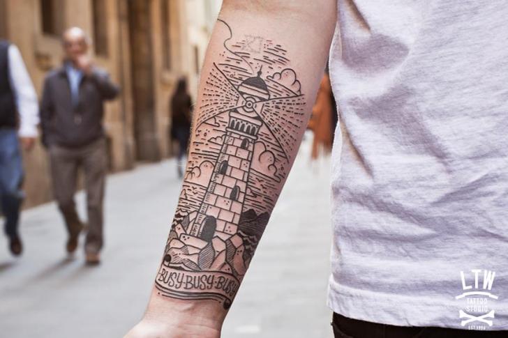 Man Right Forearm Lighthouse Tattoos