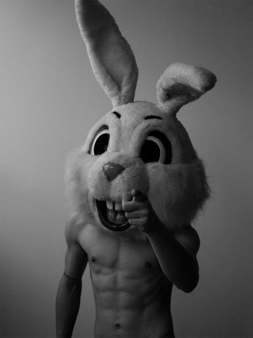 Man Wearing Bunny Mask Black And White Funny Picture