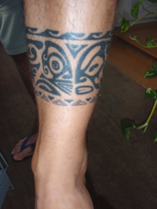 Maori Design Band Tattoo On Leg