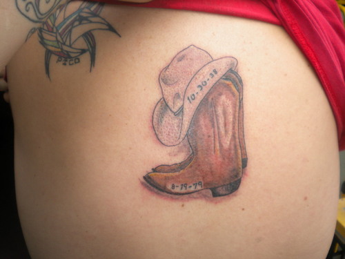 Memorial Cowboy Boot With Hat Tattoo Design For Side Rib