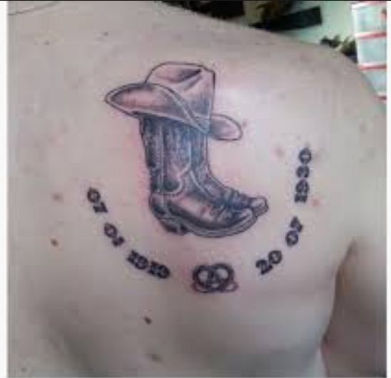 Memorial Cowboy Boot With Hat Tattoo On Right Back Shoulder