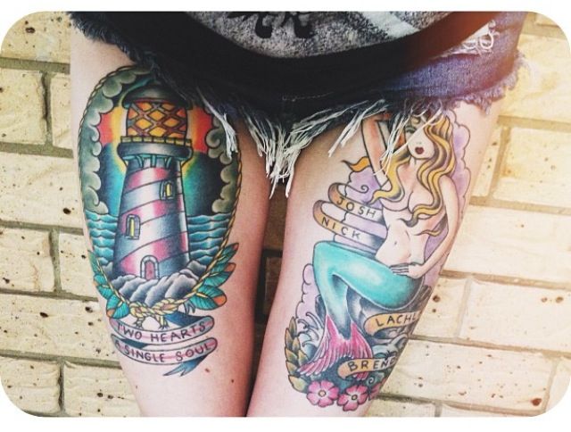 Mermaid Girl And Lighthouse Tattoos On Both Thigh