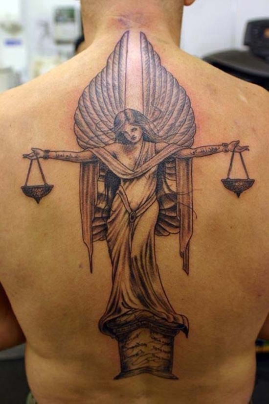 Nice Grey Ink Angel Tattoo On Back Body