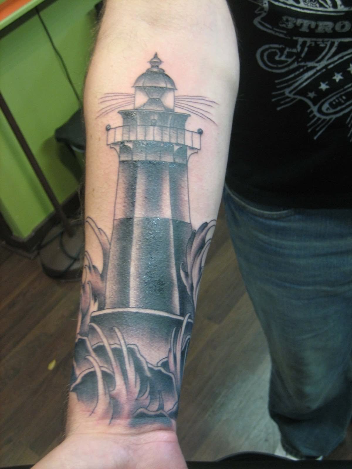 Nice Grey Ink Lighthouse Tattoo On Man Right Forearm