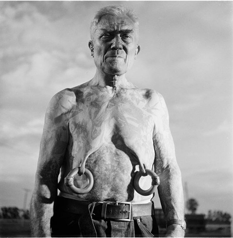 Old Man Piercing Chest Funny Black And White Image