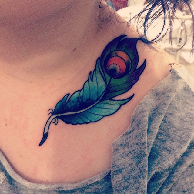 Peacock Feather Tattoo On Collarbone