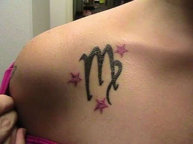 Pink Stars And Virgo Sun Sign Tattoo For Women