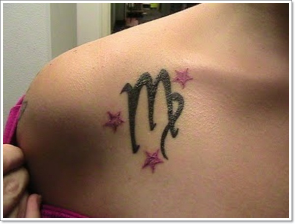 Pink Stars And Virgo Zodiac Tattoo On Collarbone For Girls