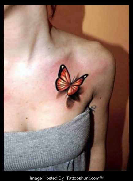 Realistic 3D Butterfly Tattoo On Collarbone