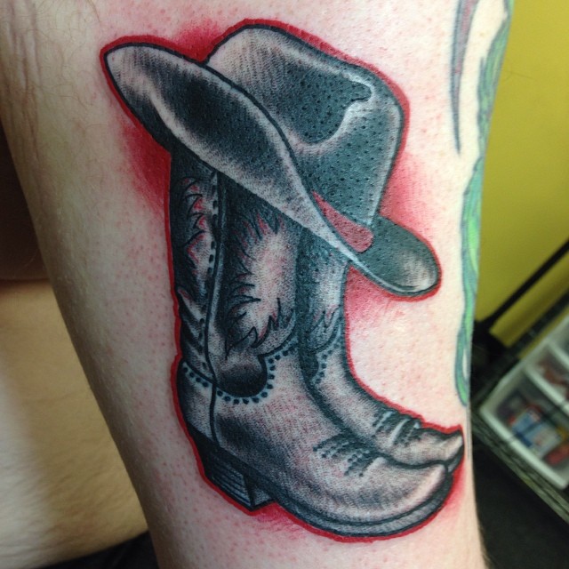 Red And Black Cowboy Boot With Hat Tattoo Design