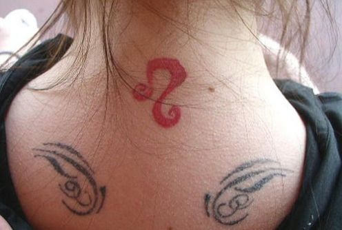 Red Ink Libra Zodiac Symbol Tattoo On Nape