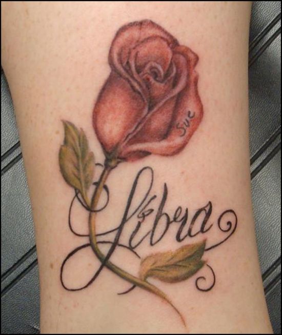 Red Rose And Libra Tattoo On Leg