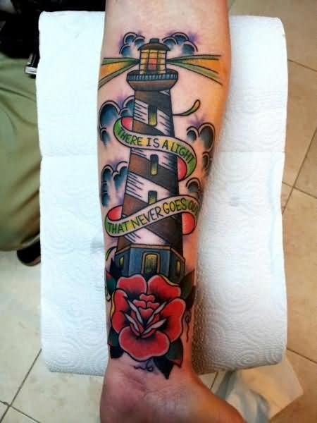 Red Rose And Lighthouse Tattoo On Left Forearm