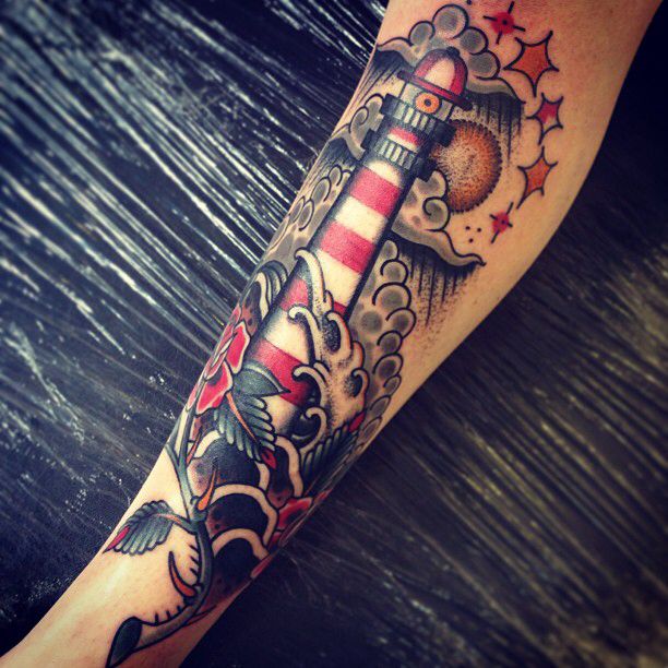 Red Rose and Lighthouse Tattoos On Forearm