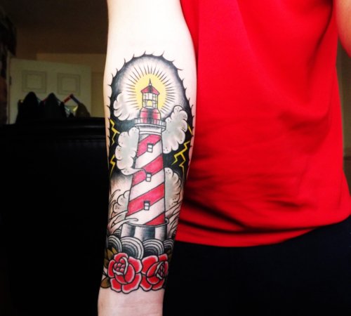Red Roses And Lighthouse Tattoo On Forearm For Guys