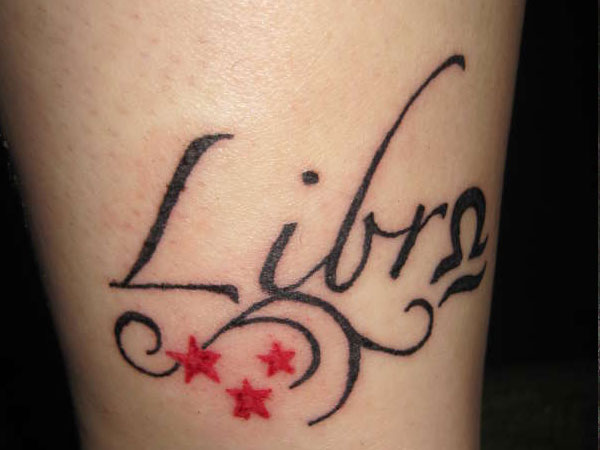 Red Stars And Libra Tattoo On Leg