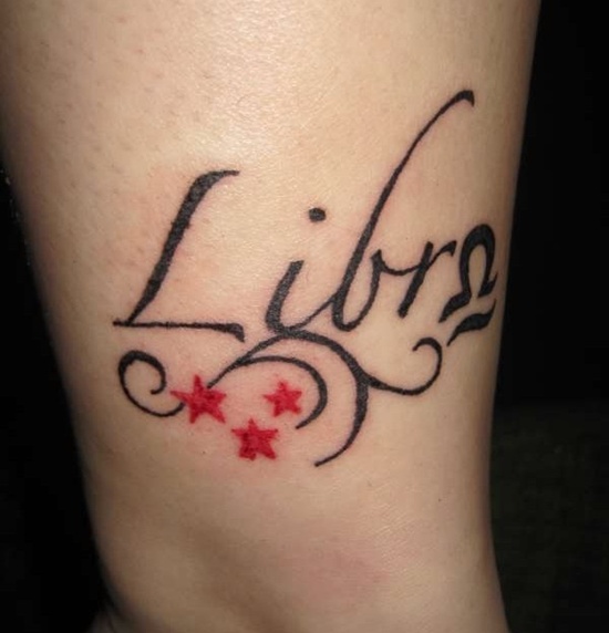 Red Stars And Libra Zodiac Tattoo On Leg
