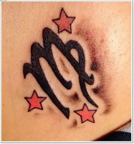 Red Stars And Virgo Zodiac Symbol Tattoo