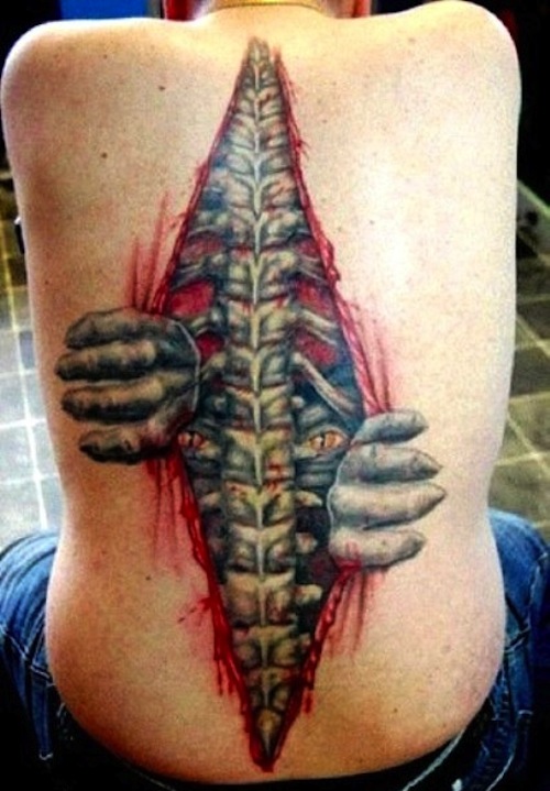 Ripped Skin Spine Bone Tattoo On Full Back
