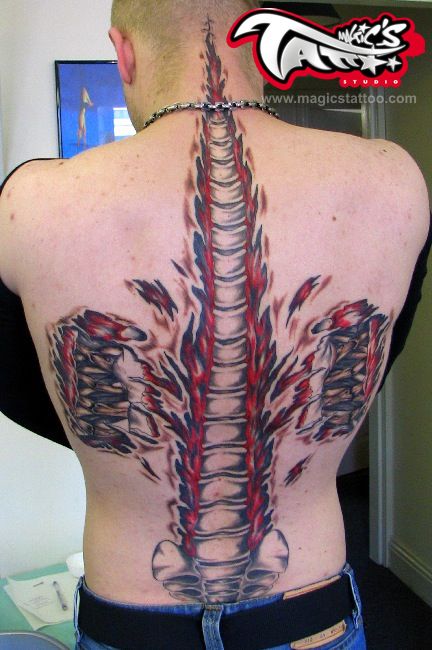 Ripped Skin Spine Bone Tattoo On Man Full Back