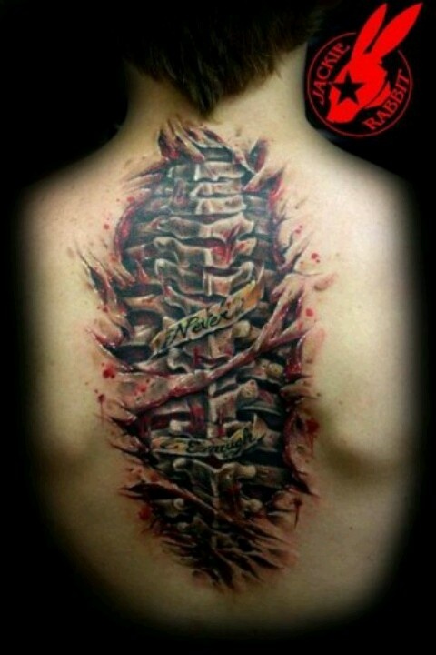 Ripped Skin Spine Bone Tattoo On Man Upper Back