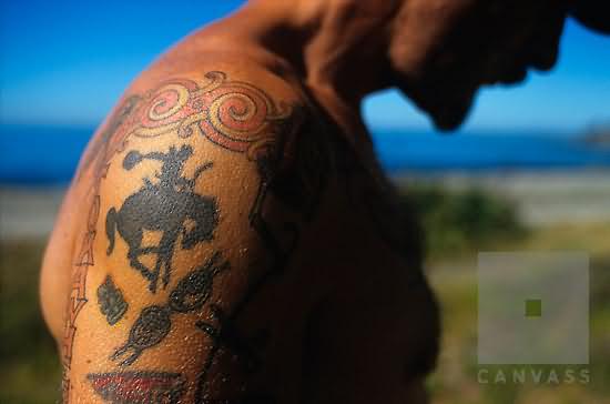 Silhouette Cowboy Riding Horse Tattoo On Man Right Shoulder