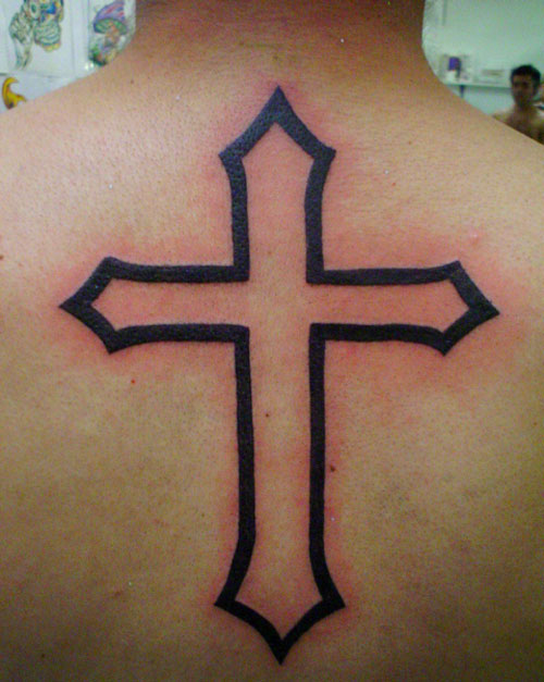 Simple Black Outline Christian Cross Tattoo On Upper Back