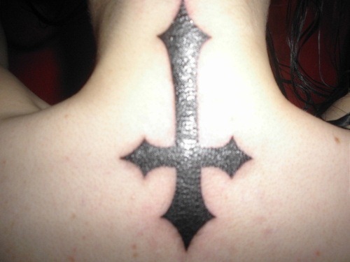 Simple Christian Cross Tattoo On Back Neck