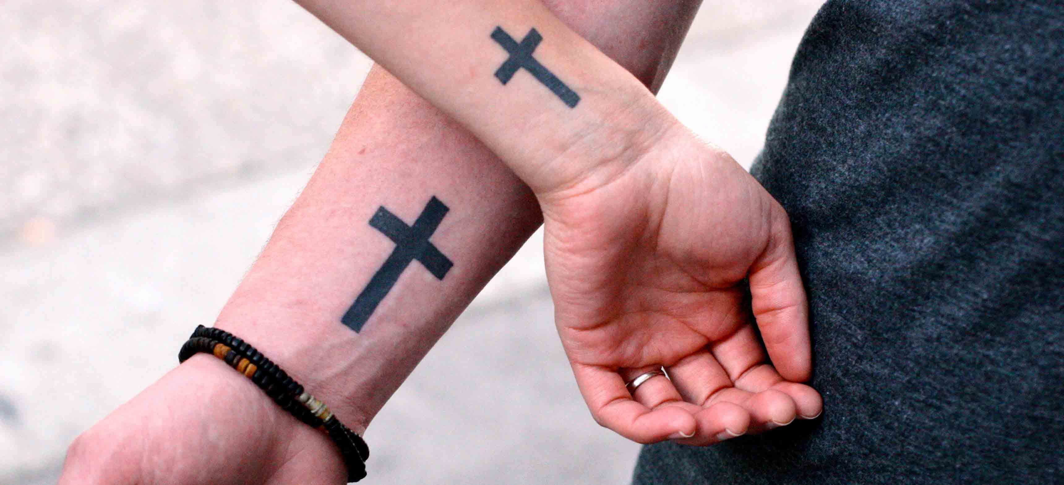 Simple Christian Cross Tattoo On Couple Wrist