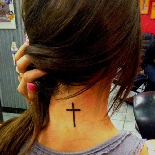 Simple Christian Cross Tattoo On Girl Back Neck
