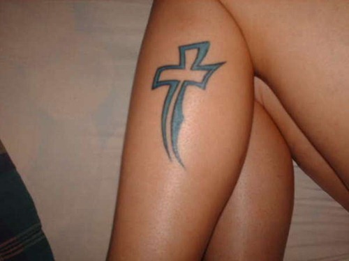 Simple Christian Cross Tattoo On Leg Calf