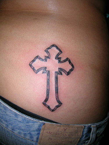 Simple Christian Cross Tattoo On Lower Back