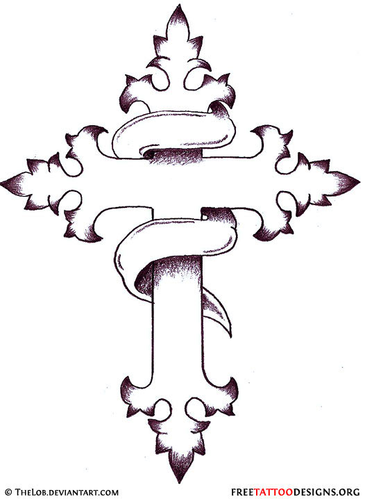 Simple Christian Cross With Ribbon Tattoo Stencil
