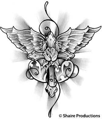 Simple Christian Cross With Wings And Rose Tattoo Design