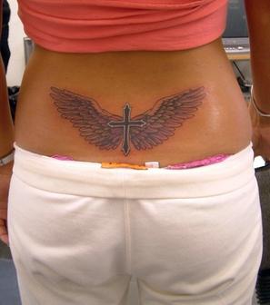 Simple Christian Cross With Wings Tattoo On Lower Back