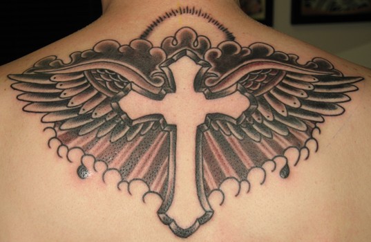 Simple Christian Cross With Wings Tattoo On Upper Back