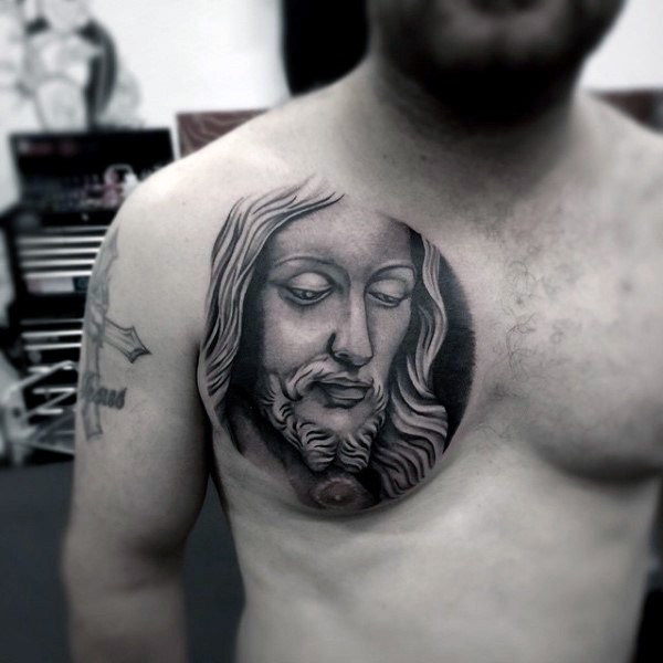 Simple Christian Jesus Face Tattoo On Man Chest