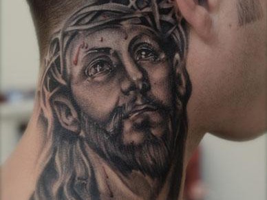 Simple Christian Jesus Face Tattoo On Man Side Neck