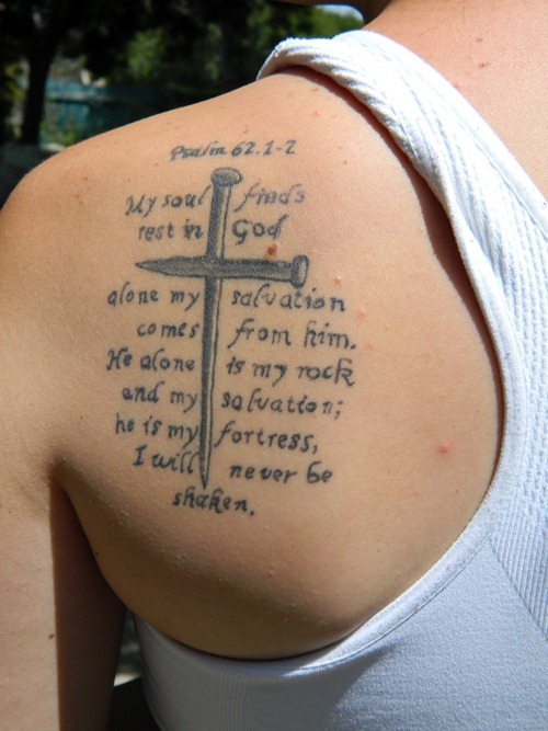Simple Christian Nail Cross Tattoo On Left Back Shoulder