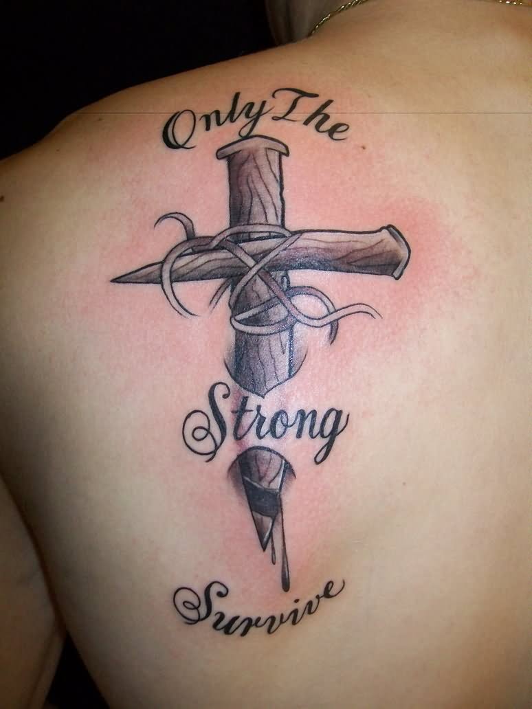 Simple Christian Ripped Skin Cross Tattoo On Left Back Shoulder