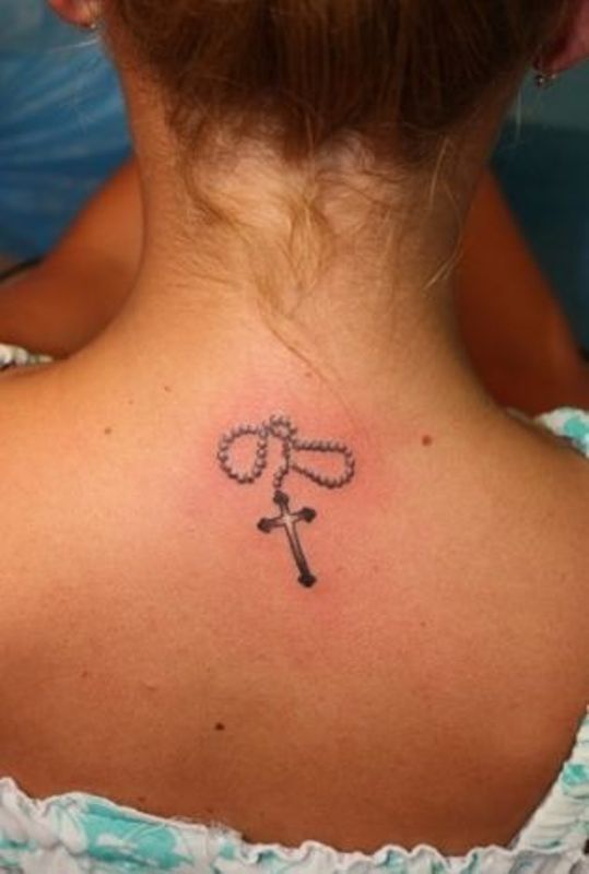 Simple Christian Rosary Cross Tattoo On Girl Upper Back