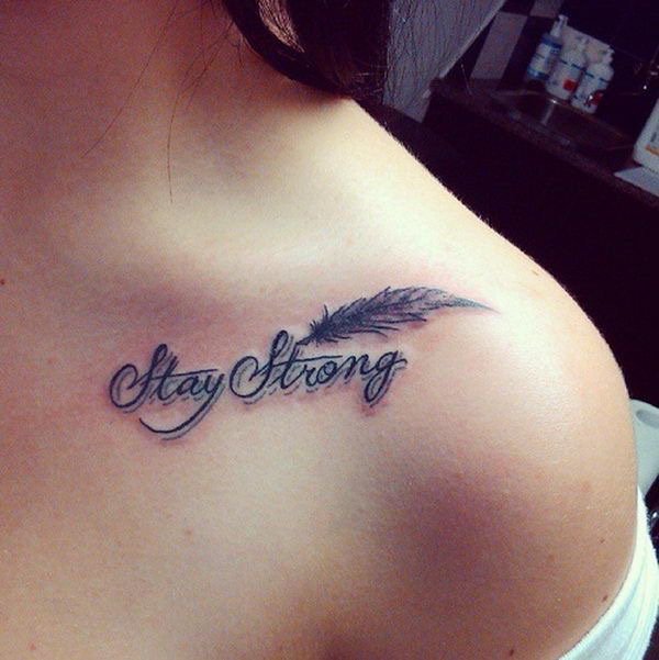 Stay Strong - Feather Tattoo On Collarbone