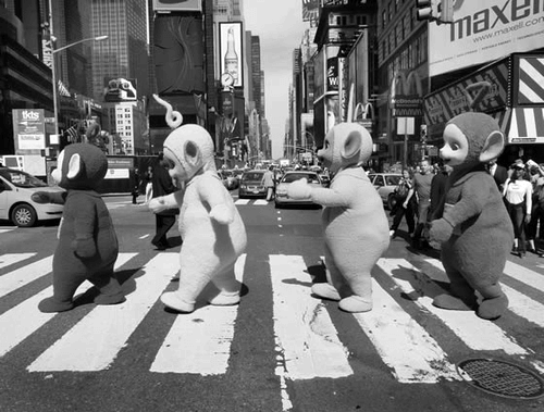 Teletubbies Crossing Road Funny Black And White Image