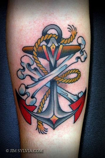 Traditional Bone With Anchor Tattoo Design For Forearm