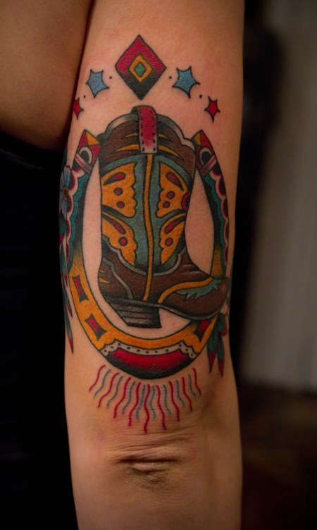 Traditional Cowboy Shoe With Horseshoe Tattoo On Half Sleeve